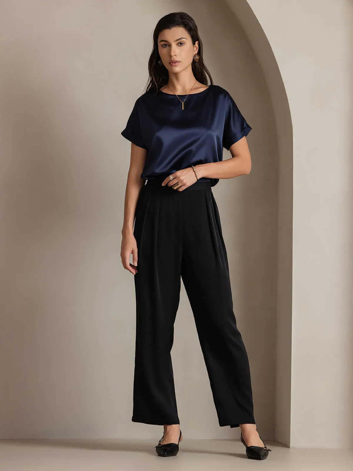 Timeless Elegant Pleated Wide-Leg Silk Long Pants