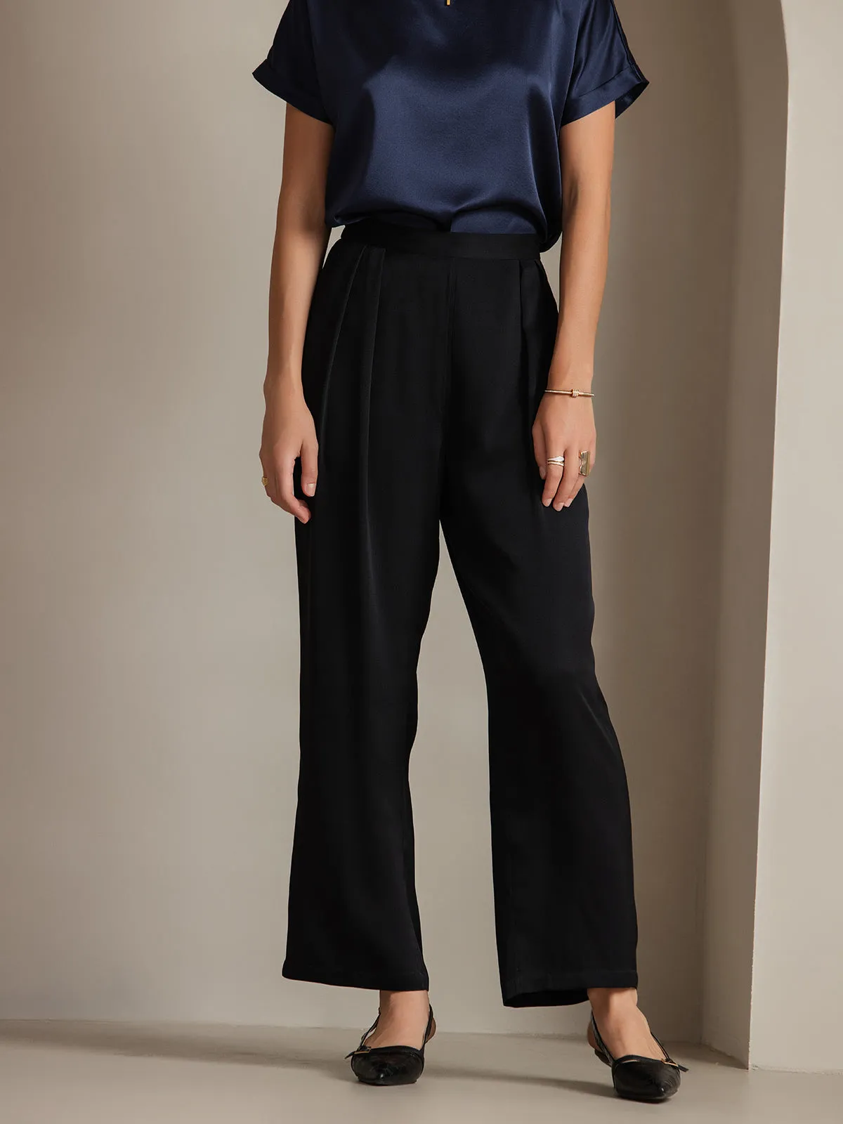 Timeless Elegant Pleated Wide-Leg Silk Long Pants