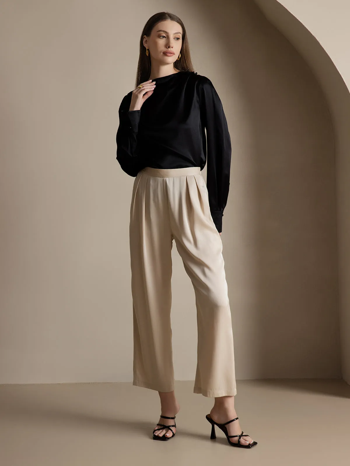 Timeless Elegant Pleated Wide-Leg Silk Long Pants