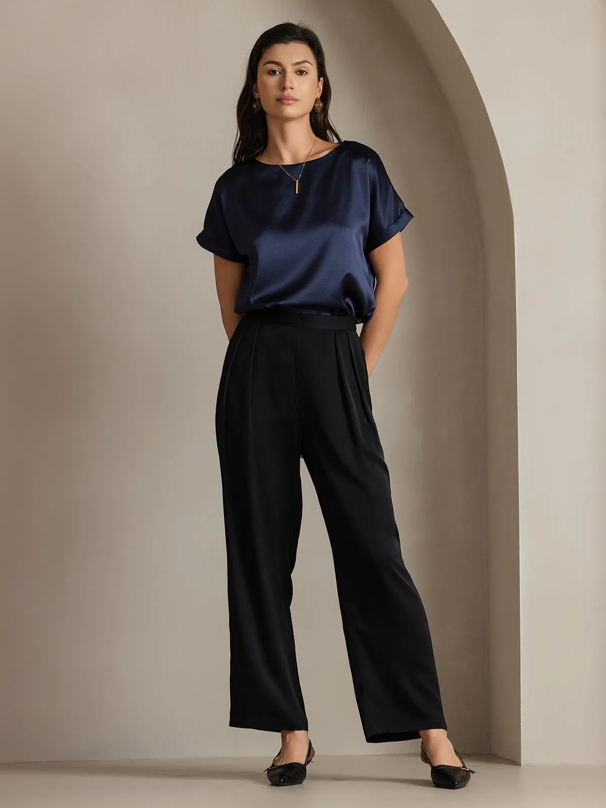 Timeless Elegant Pleated Wide-Leg Silk Long Pants