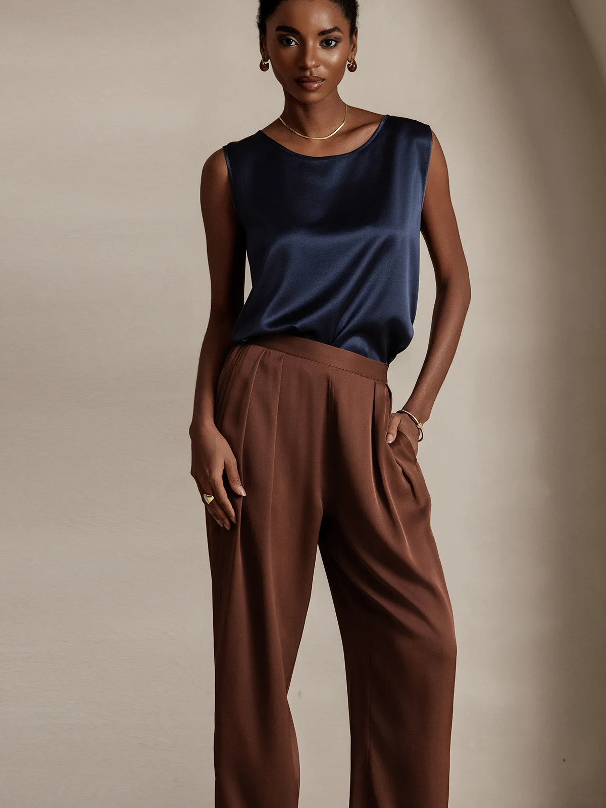 Timeless Elegant Pleated Wide-Leg Silk Long Pants