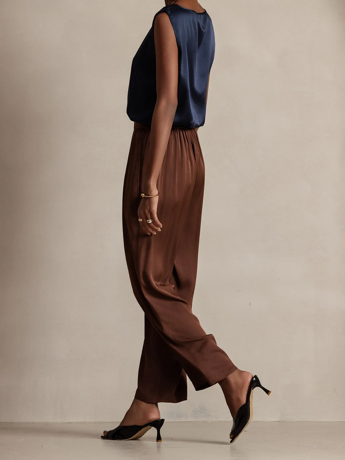 Timeless Elegant Pleated Wide-Leg Silk Long Pants