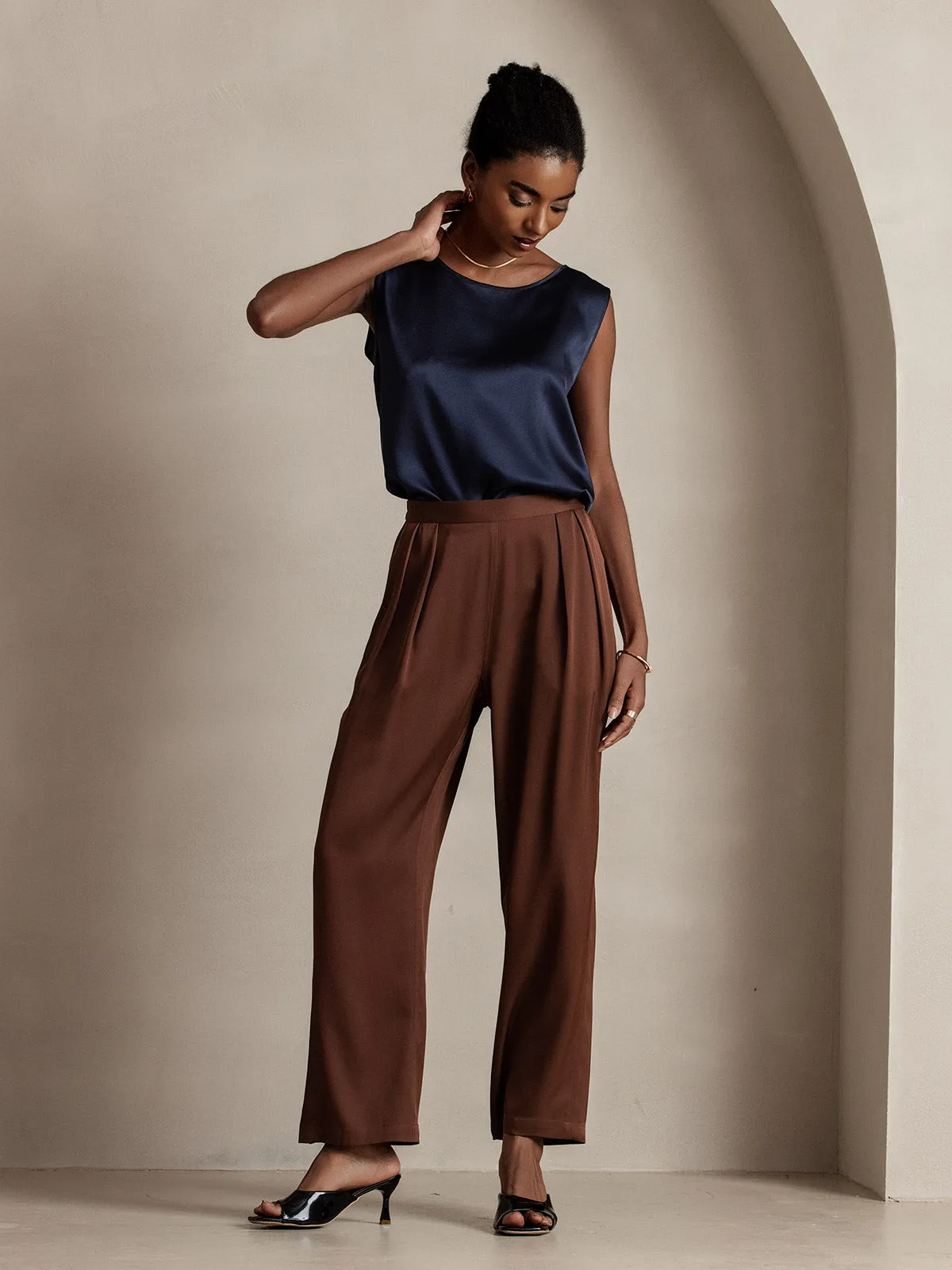 Timeless Elegant Pleated Wide-Leg Silk Long Pants