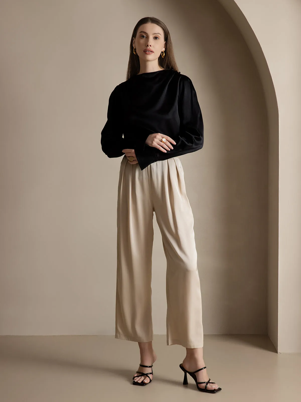 Timeless Elegant Pleated Wide-Leg Silk Long Pants