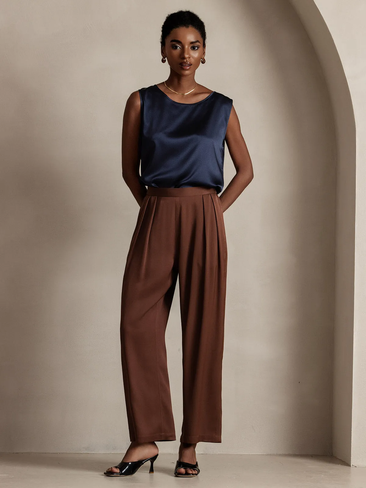 Timeless Elegant Pleated Wide-Leg Silk Long Pants