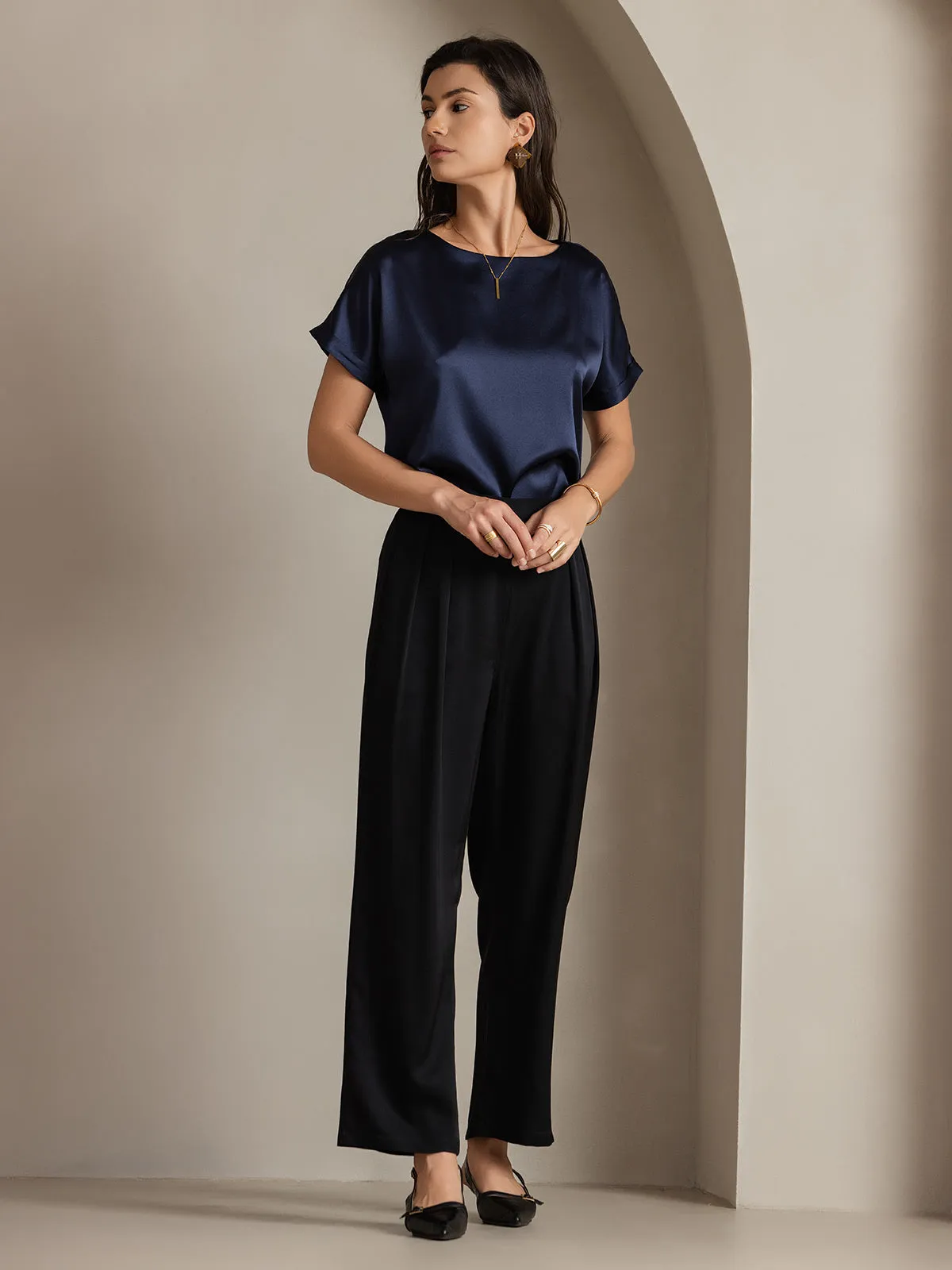 Timeless Elegant Pleated Wide-Leg Silk Long Pants