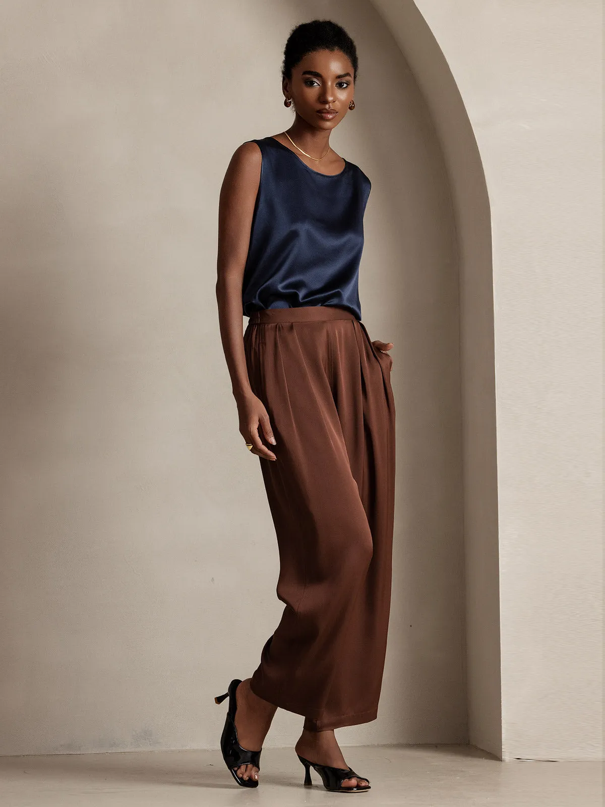 Timeless Elegant Pleated Wide-Leg Silk Long Pants