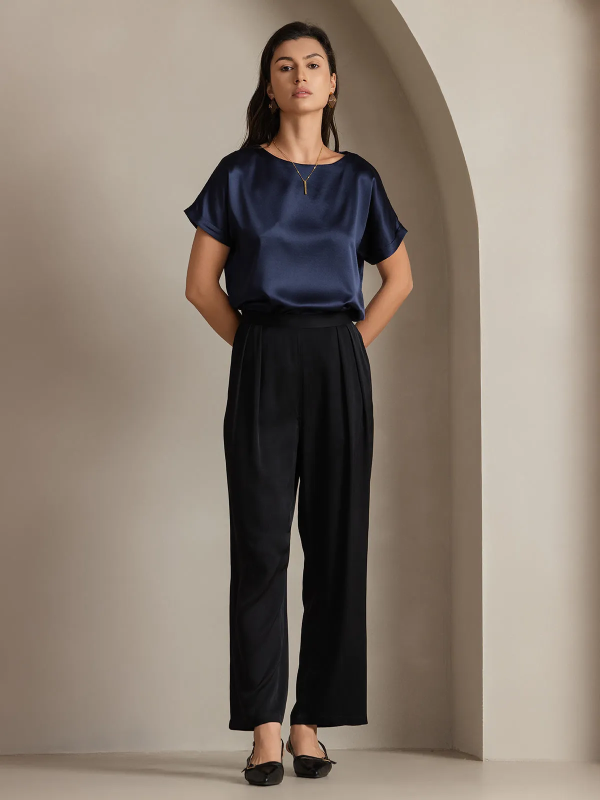 Timeless Elegant Pleated Wide-Leg Silk Long Pants