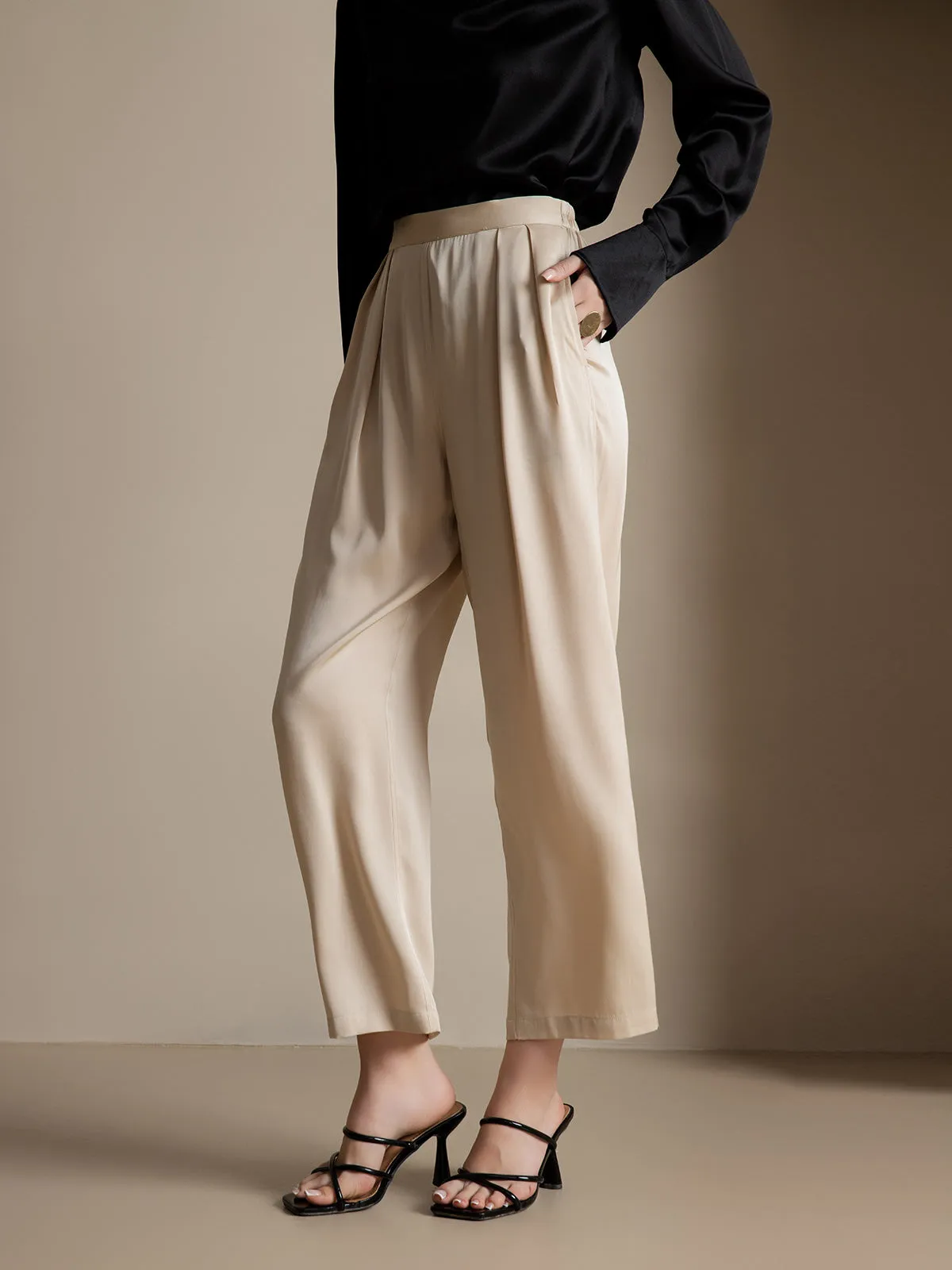 Timeless Elegant Pleated Wide-Leg Silk Long Pants