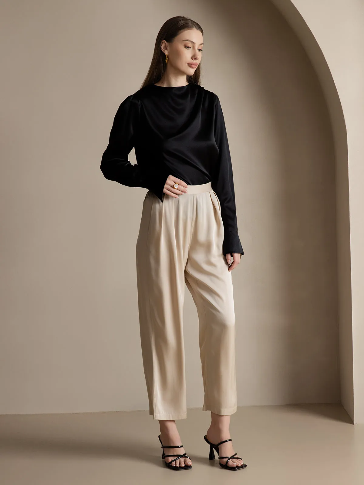 Timeless Elegant Pleated Wide-Leg Silk Long Pants