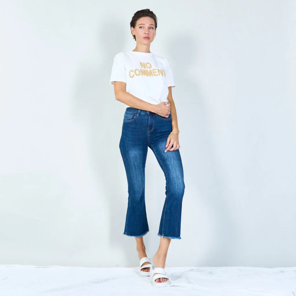 Trendy high-waisted flared jeans with raw hem wholesale