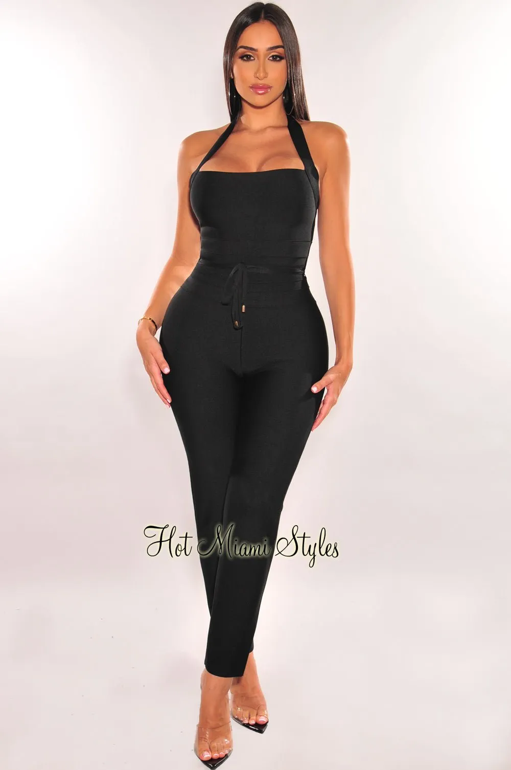 WAIST SNATCHED: Black Bandage Halter Belted Jumpsuit