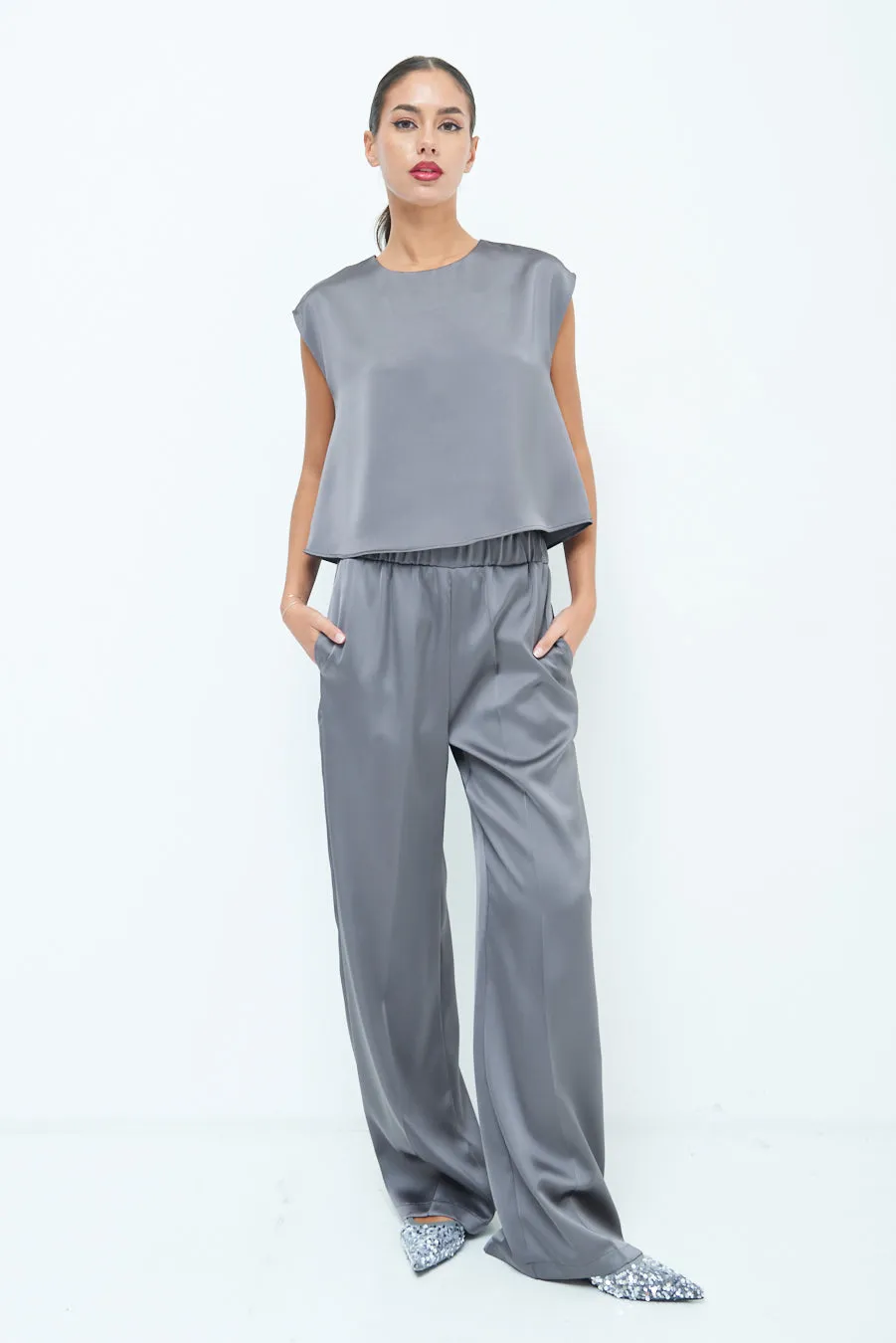 Wide-leg satin trousers wholesale