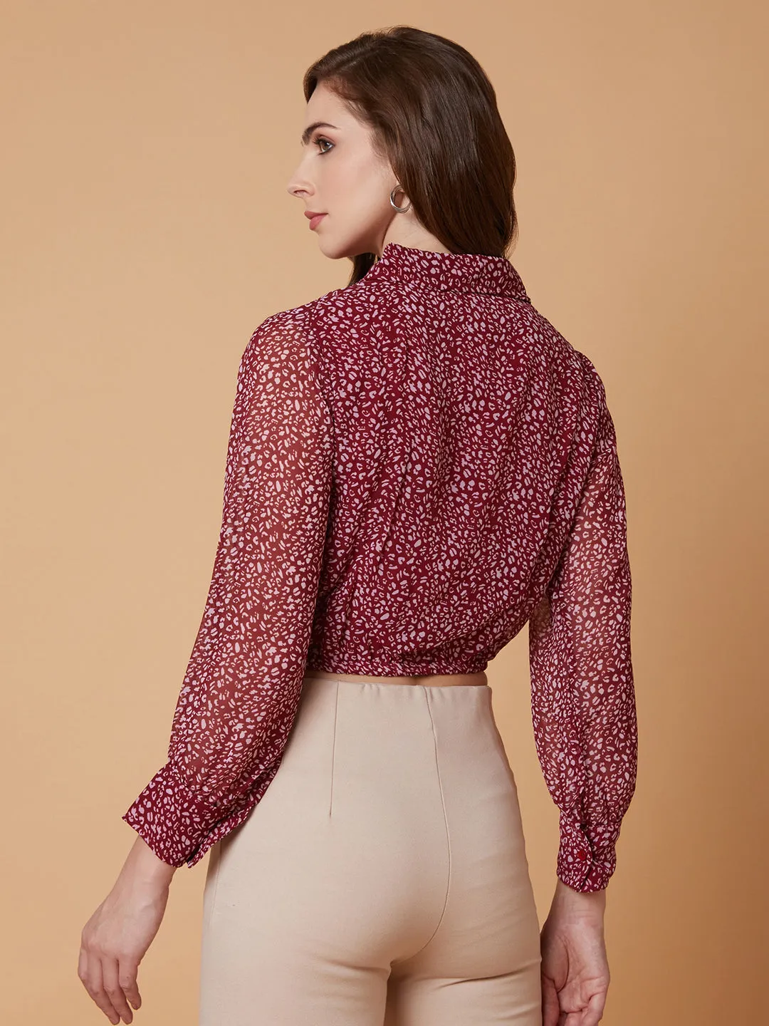 Women Abstract Maroon Blouson Crop Top