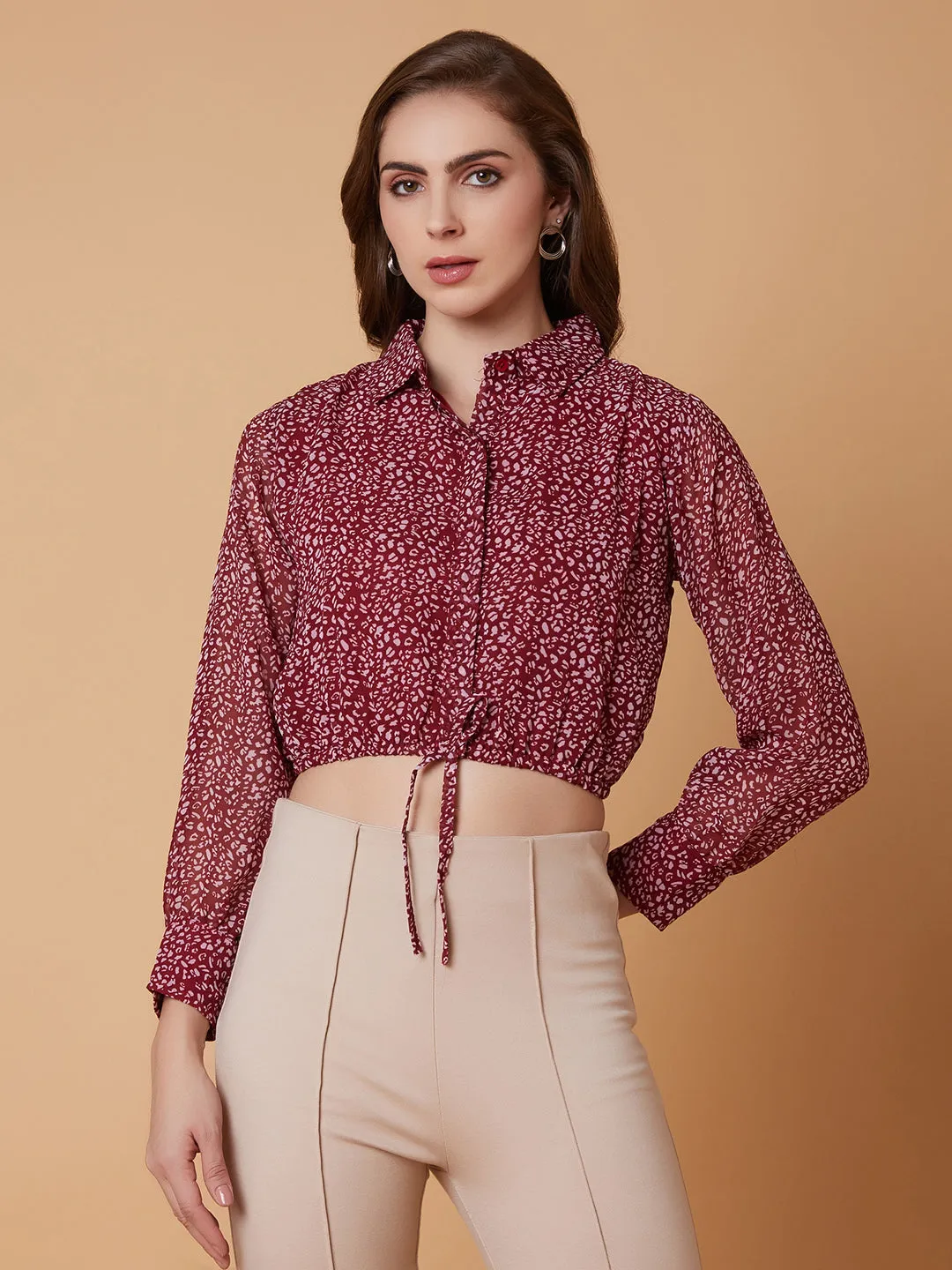 Women Abstract Maroon Blouson Crop Top