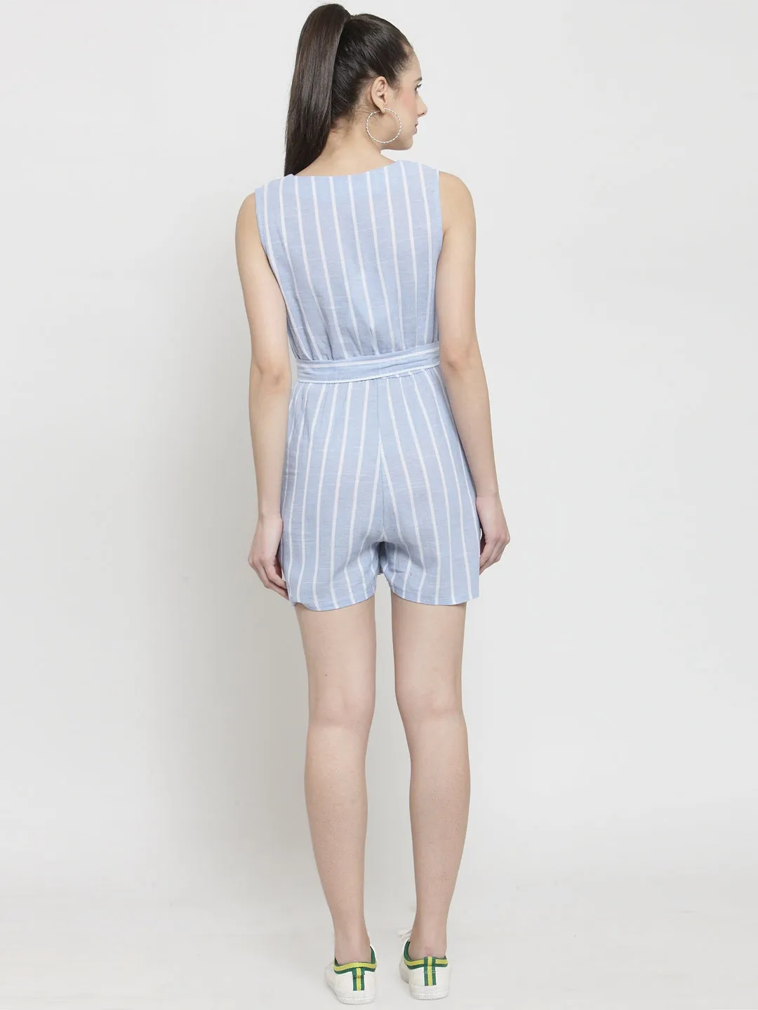 Women Blue Striped V-Neck Jumpsuit