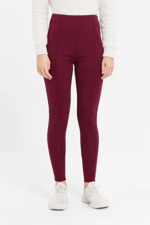 Women Burgundy Ponte Legging With Front Pleat