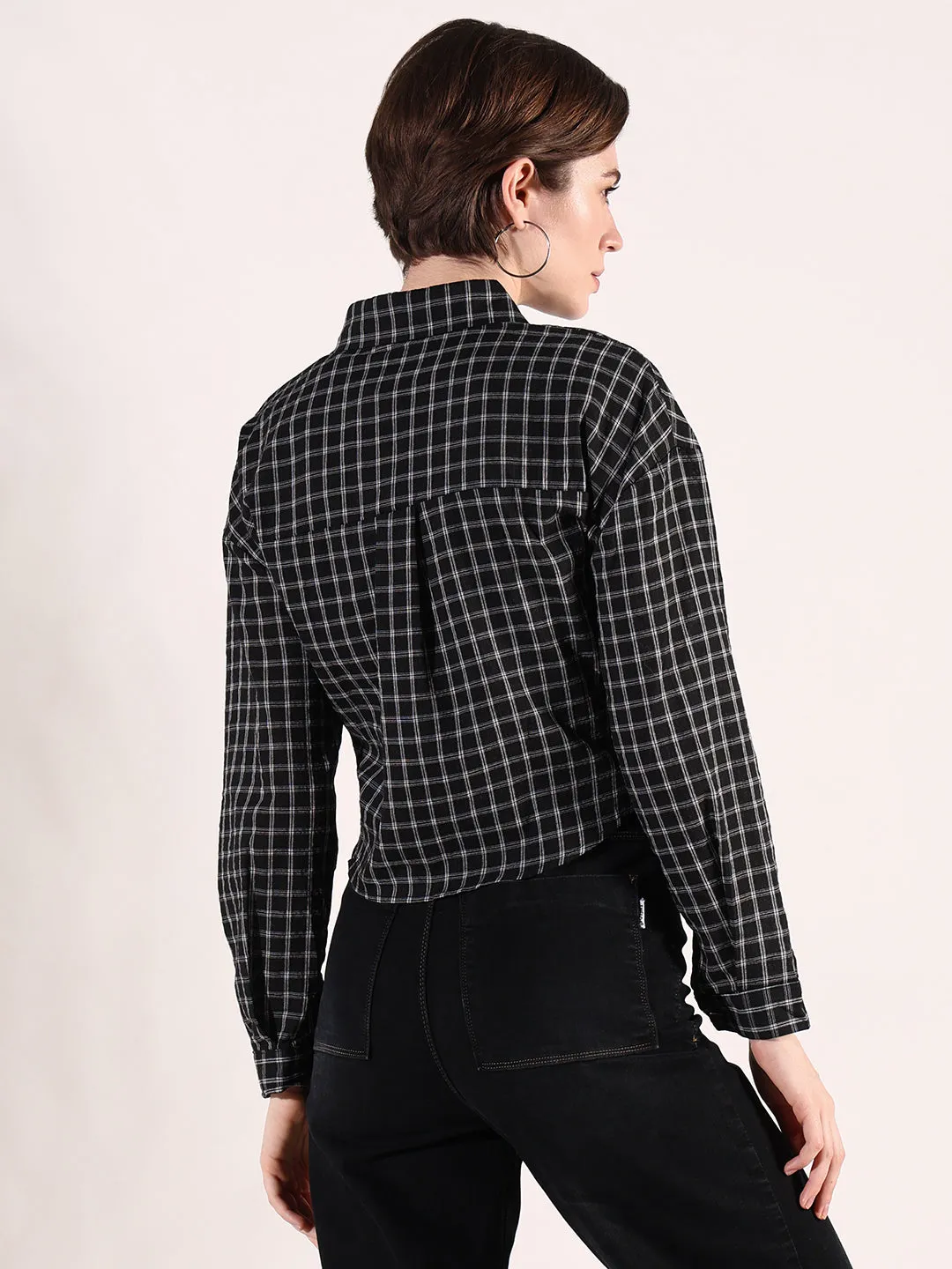 Women Checked Black Crop Shirt