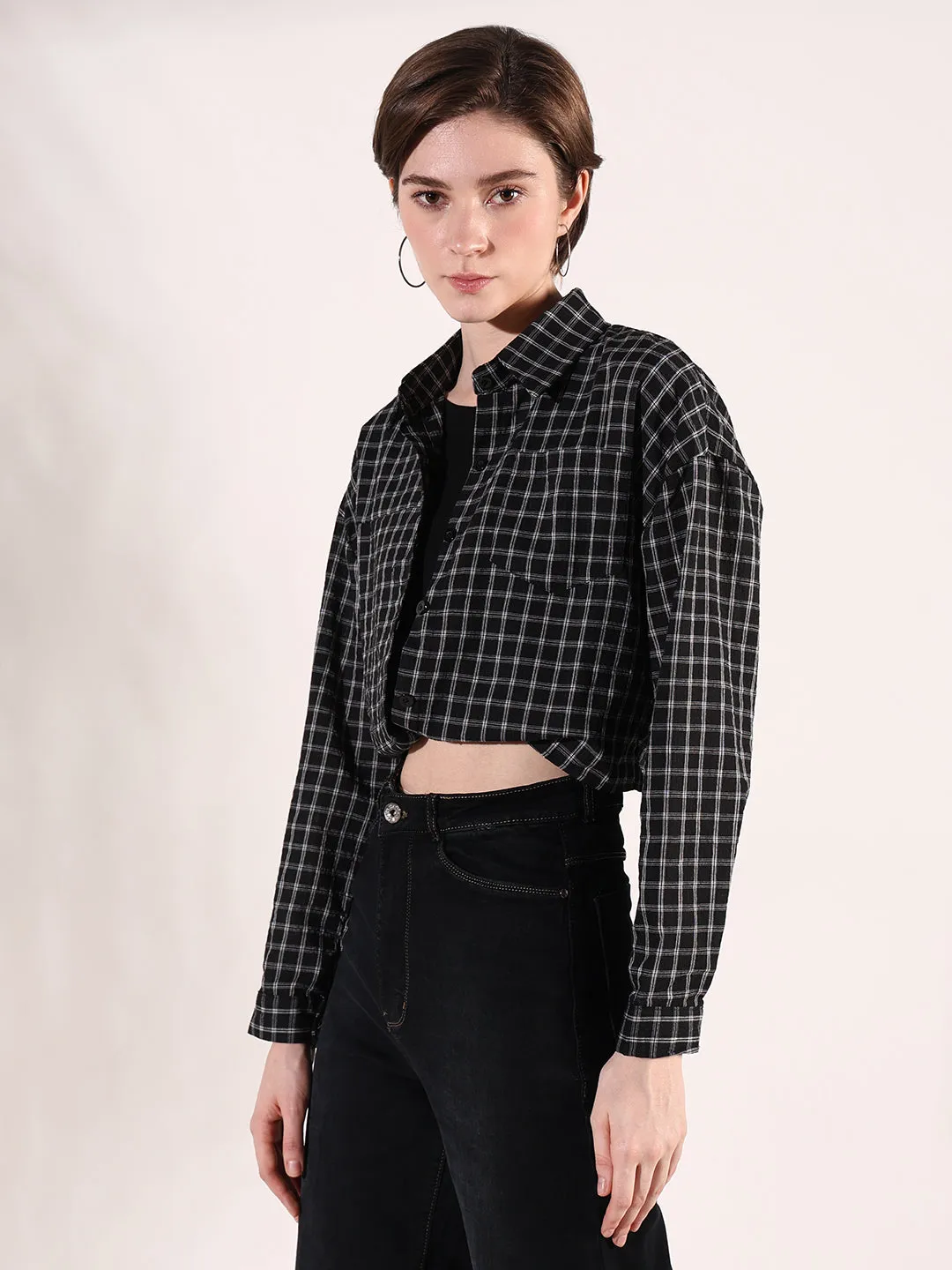 Women Checked Black Crop Shirt