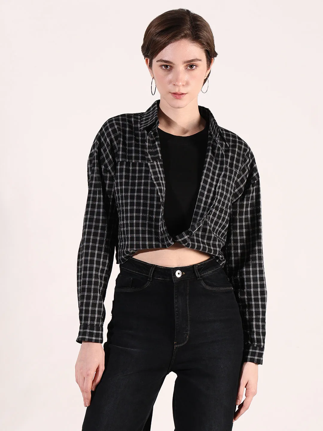 Women Checked Black Crop Shirt