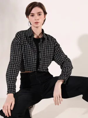 Women Checked Black Crop Shirt