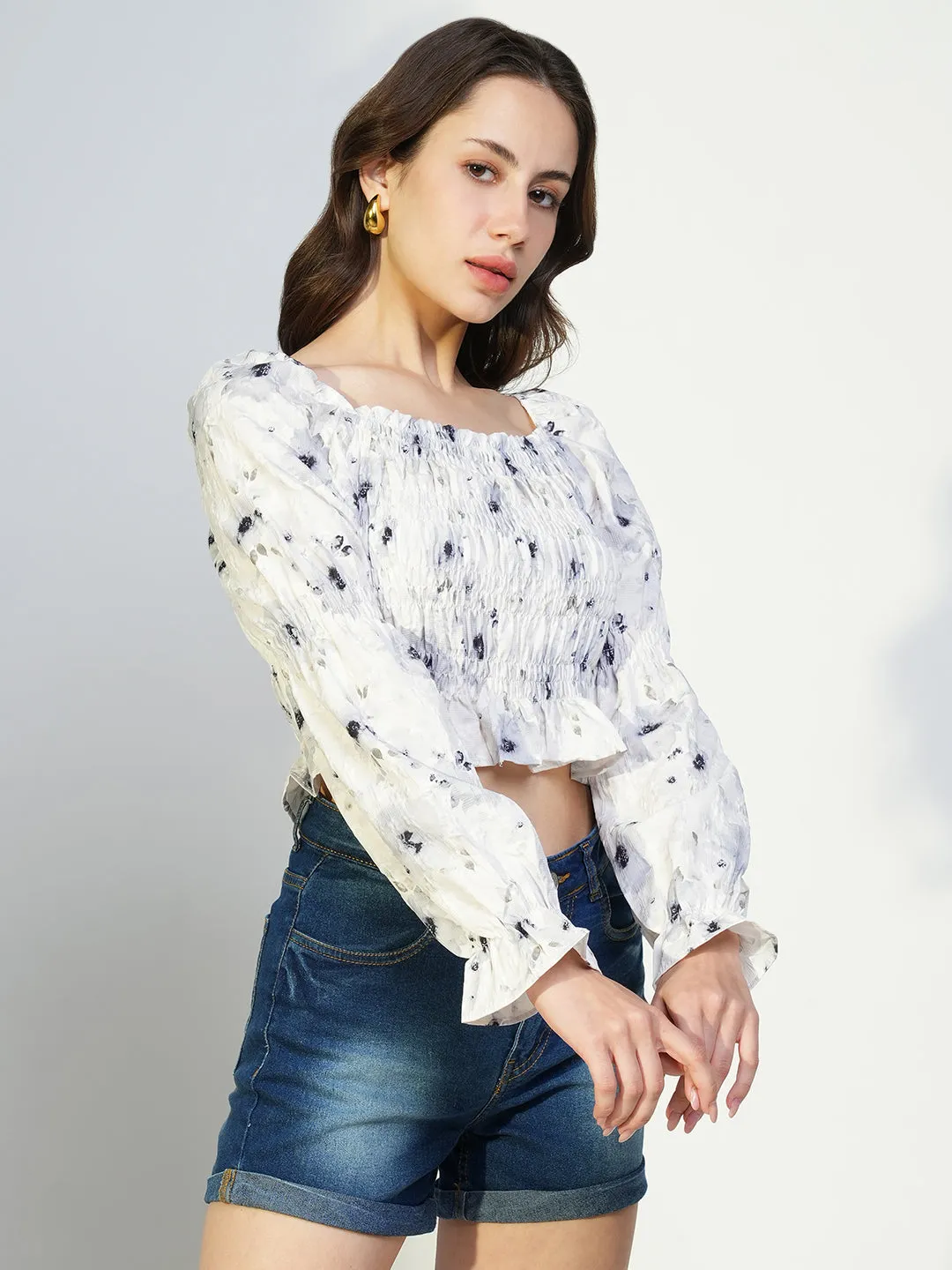 Women Grey Floral Crop Top