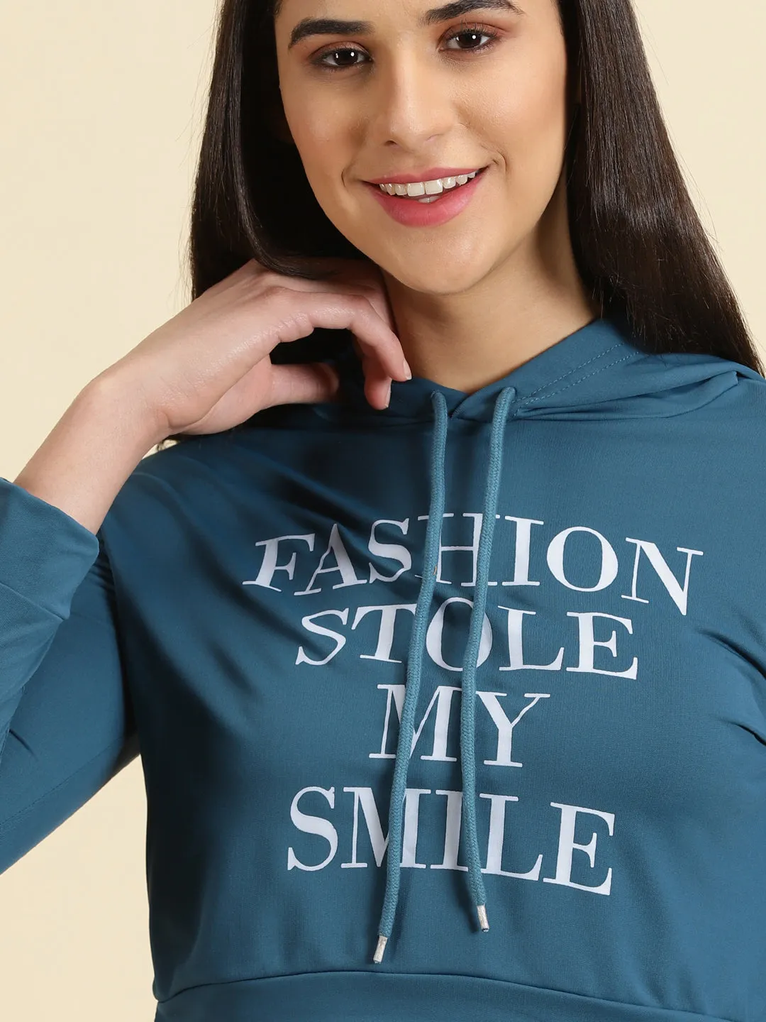 Women Hooded Teal Crop Typography Pullover