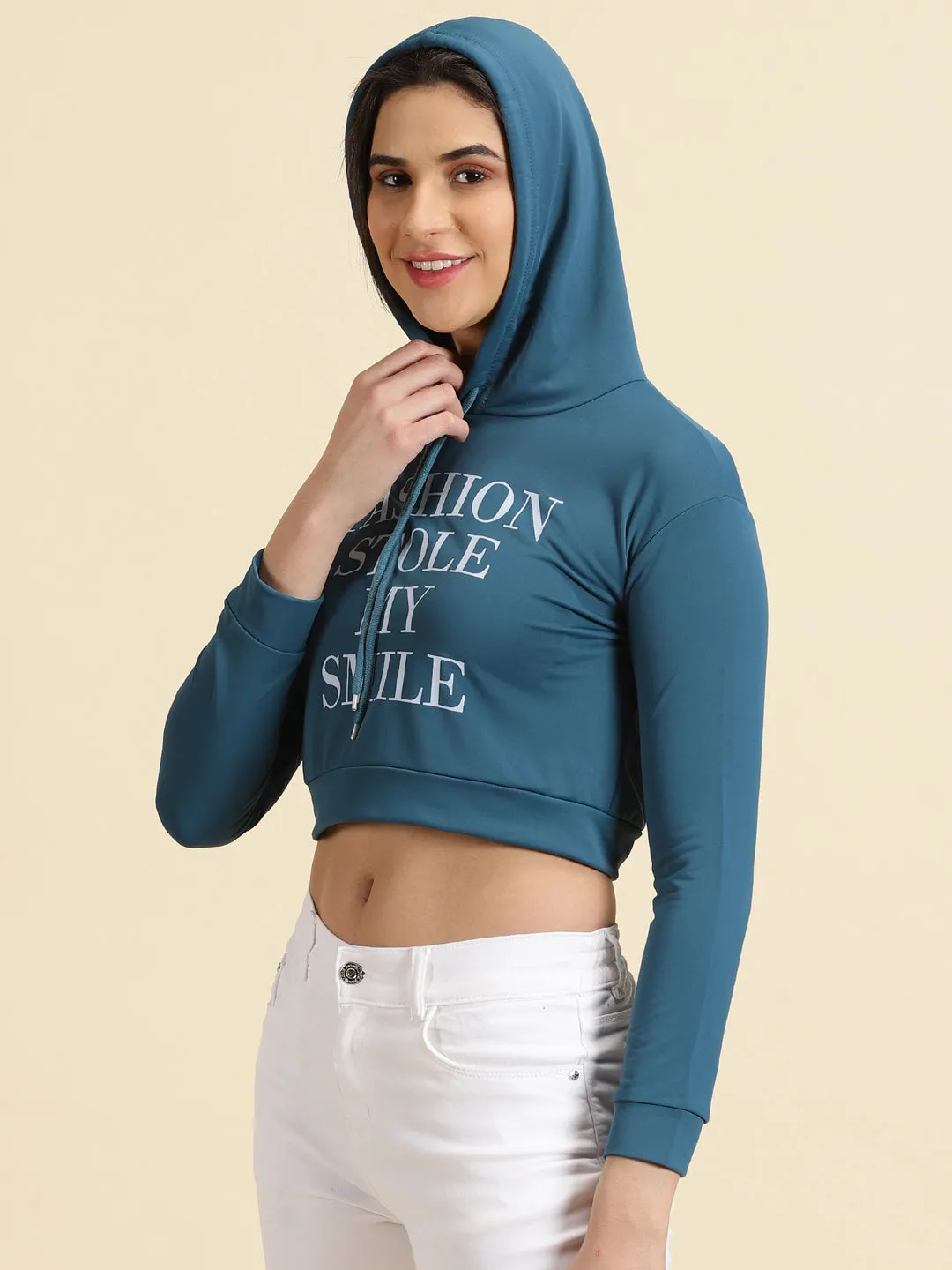 Women Hooded Teal Crop Typography Pullover