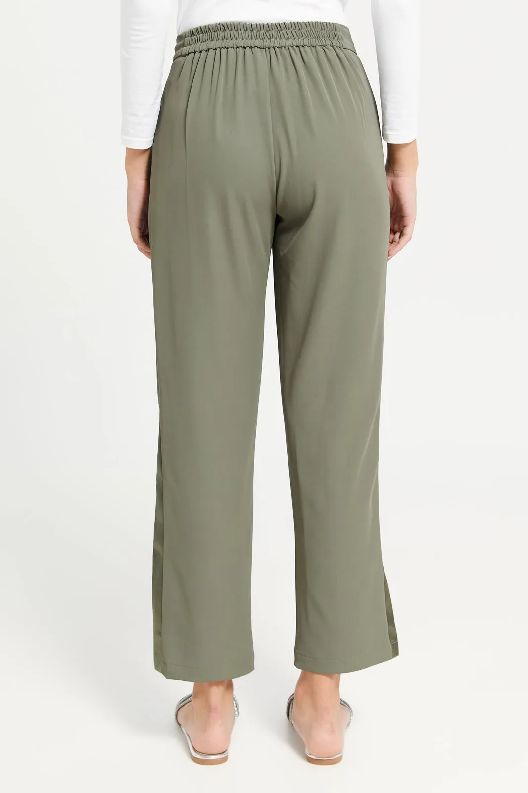 Women Olive Wide Leg Trousers With Satin Panel Details