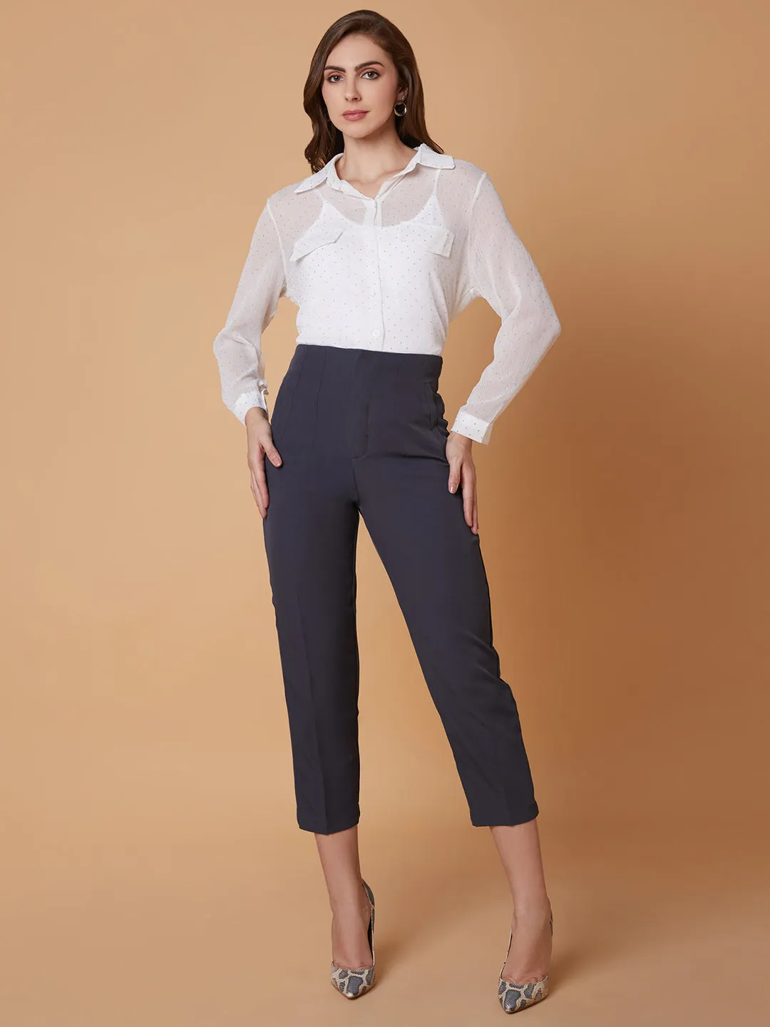 Women Pleated Solid Charcoal Formal Trousers