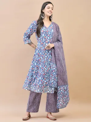 Women Poly Cotton Blue Floral Print Kurta Comfort Pant Dupatta