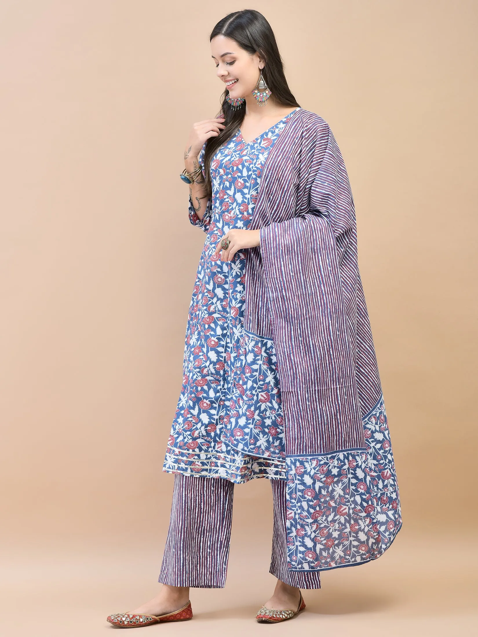 Women Poly Cotton Blue Floral Print Kurta Comfort Pant Dupatta