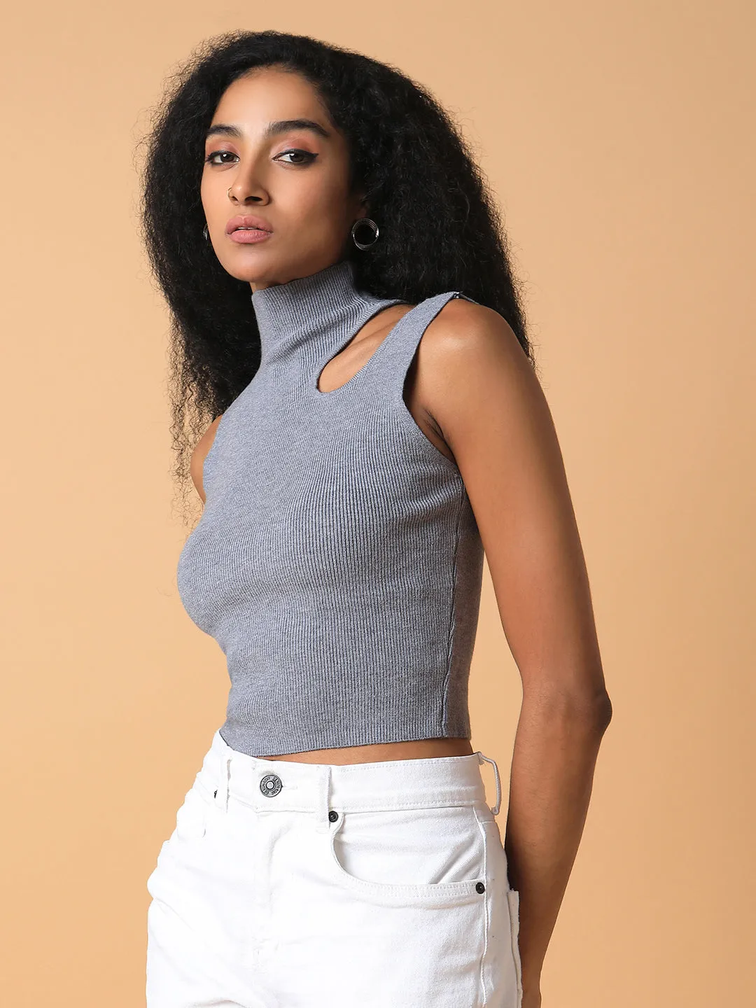 Women Solid Grey Fitted Crop Top