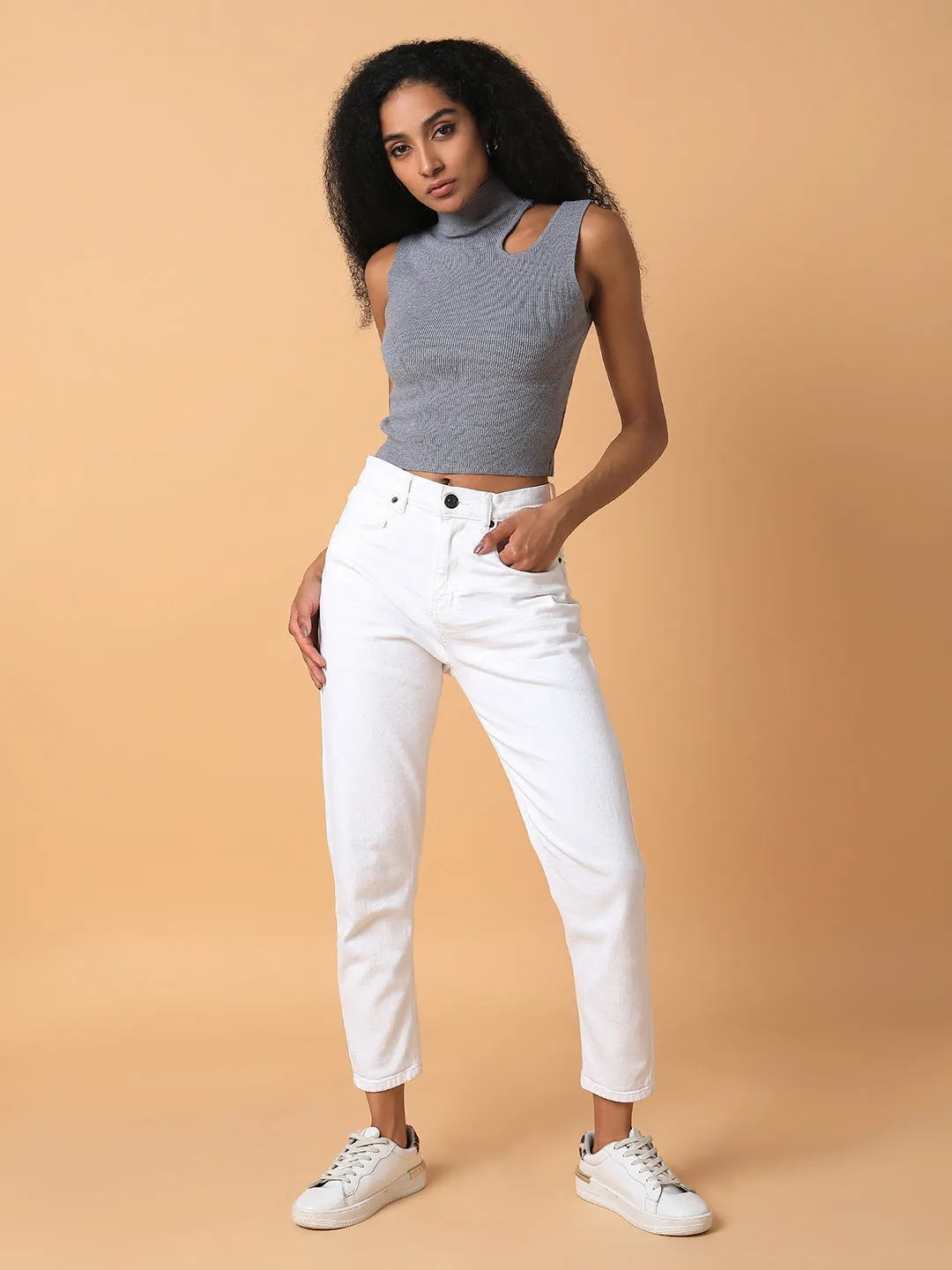 Women Solid Grey Fitted Crop Top