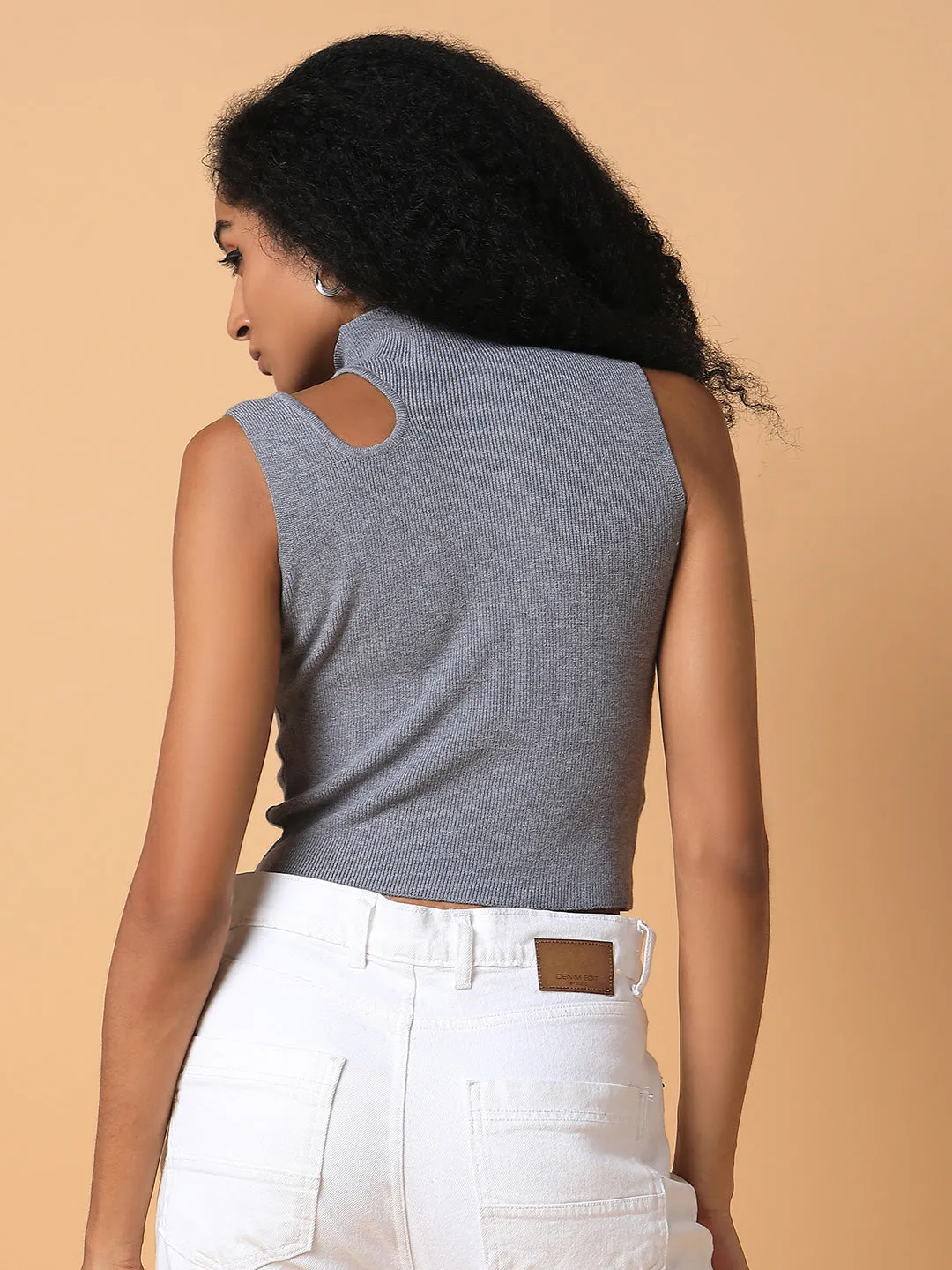 Women Solid Grey Fitted Crop Top