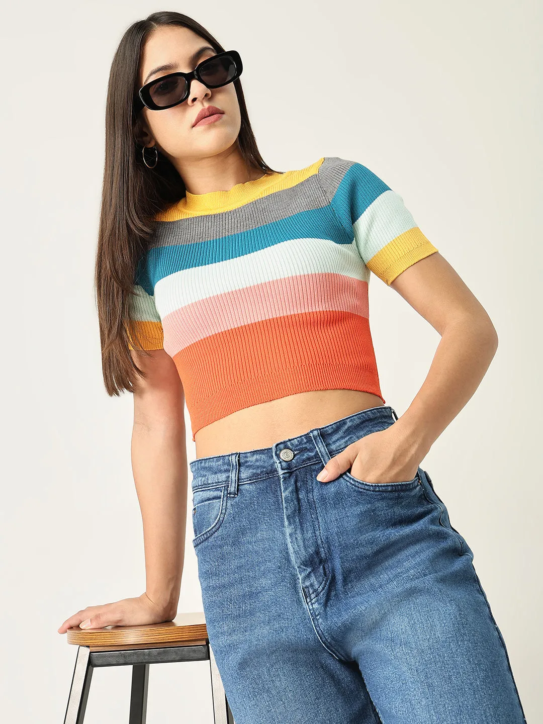 Women Striped Multi Fitted Top