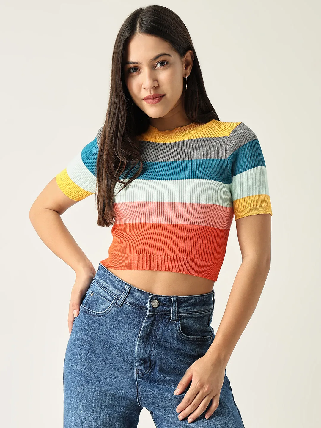 Women Striped Multi Fitted Top