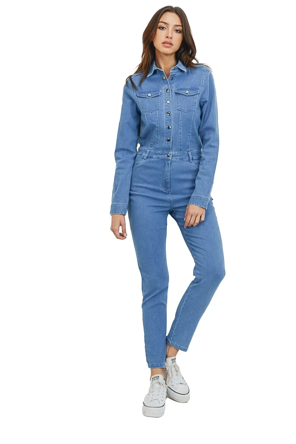 Women's Collar Denim Fitted Utility Jumpsuit with Pockets