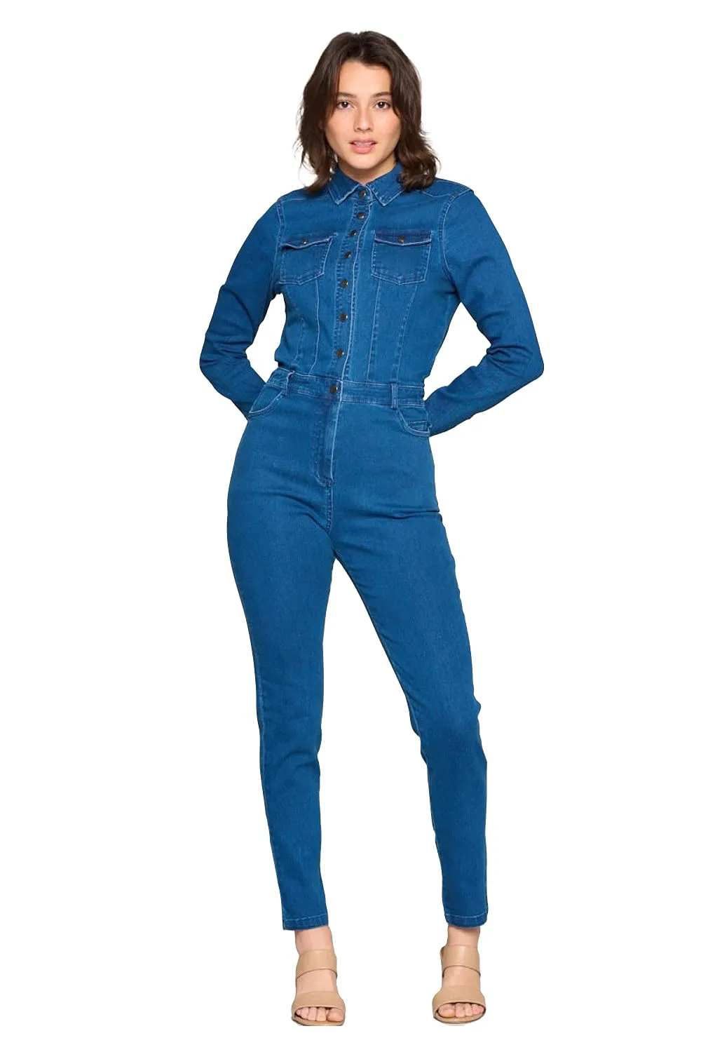 Women's Collar Denim Fitted Utility Jumpsuit with Pockets