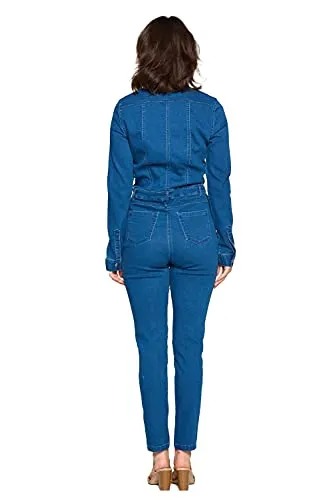 Women's Collar Denim Fitted Utility Jumpsuit with Pockets