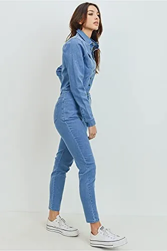 Women's Collar Denim Fitted Utility Jumpsuit with Pockets