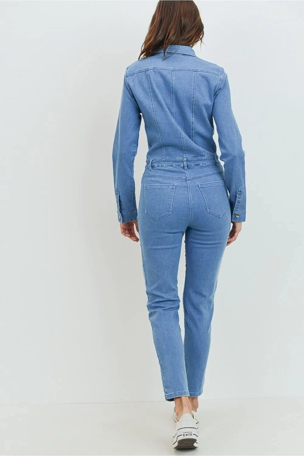 Women's Collar Denim Fitted Utility Jumpsuit with Pockets