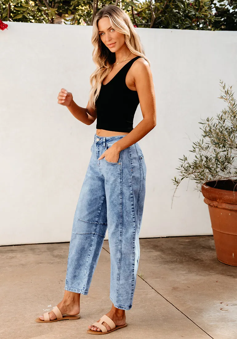 Women's Cropped Denim High Waisted Jeans Pull On Straight Leg Stretch Barrel Jeans