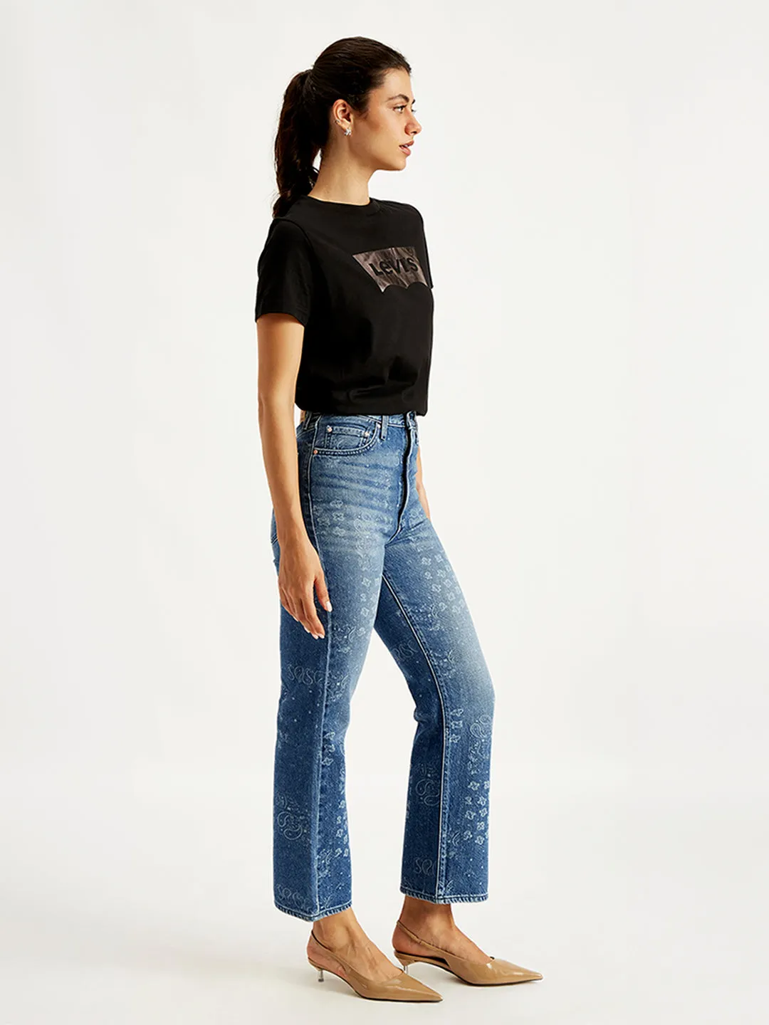 Women's High Rise Ribcage Crop Blue Bootcut Jeans