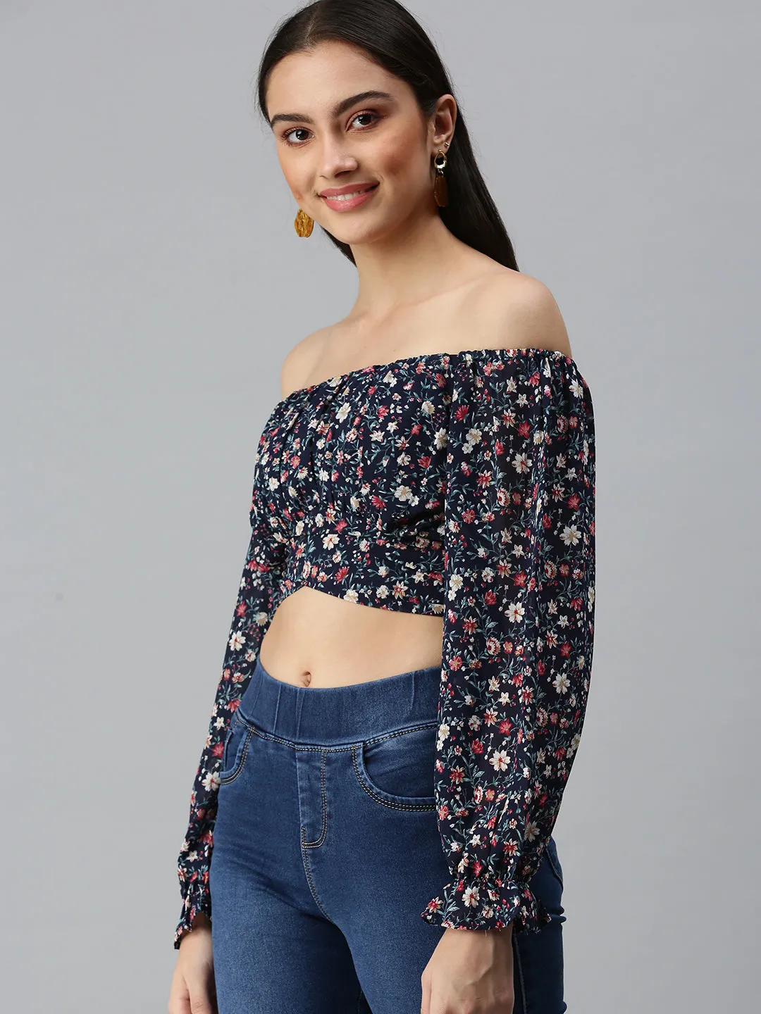 Women's Printed Navy Blue Top