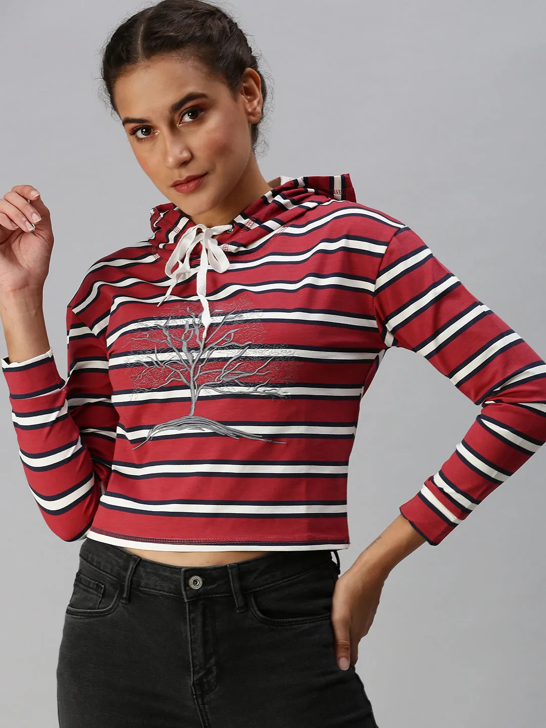 Women's Red Striped Crop Pullover Sweatshirt