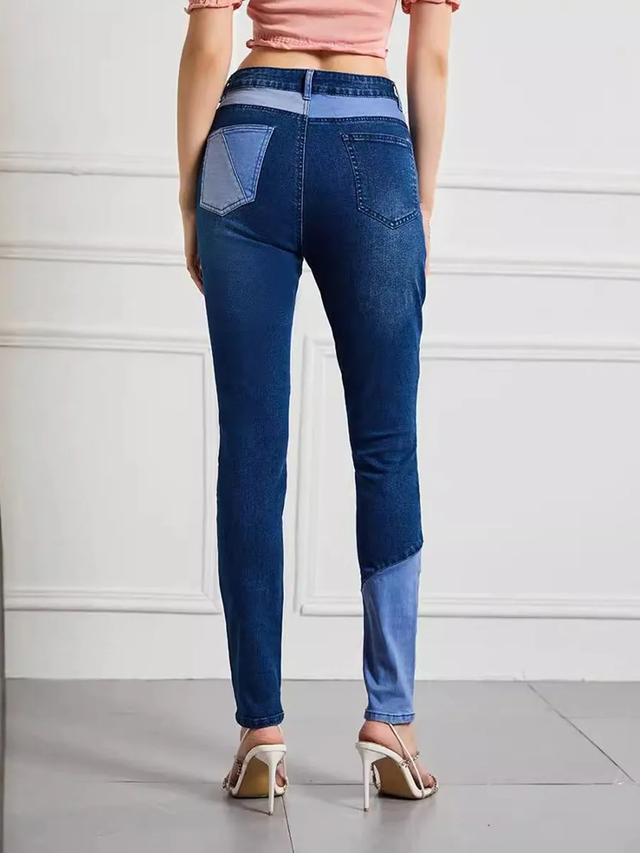 Women's Slim High Waist High Elastic Patchwork Contrast Color Jeans