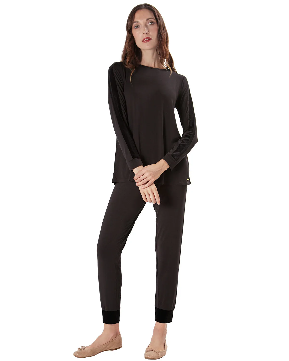 Women's Velvet Racing Stripe Trim Long Sleeve Pajama Set