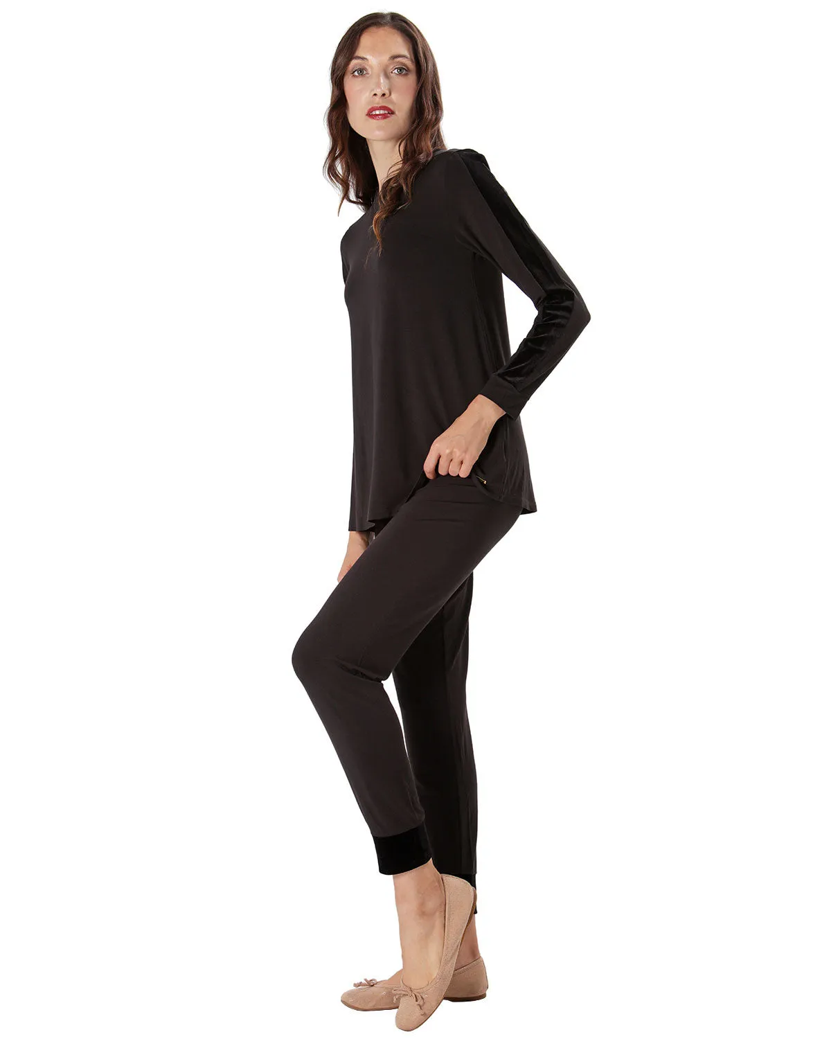 Women's Velvet Racing Stripe Trim Long Sleeve Pajama Set